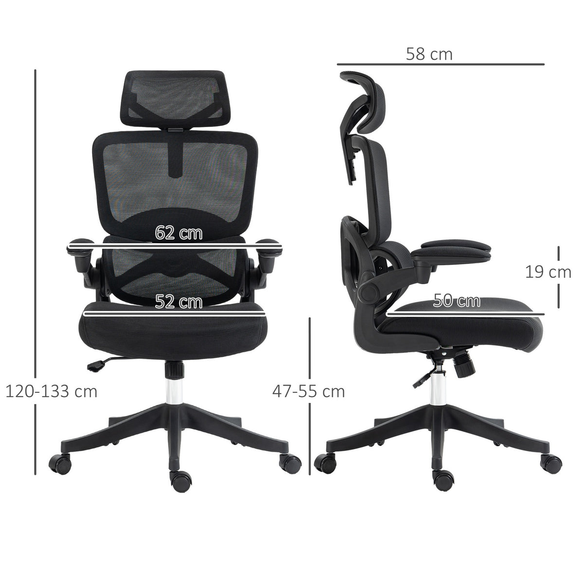 Office chair with net, folding armrests, rocker function, height-adjustable desk chair, up to 120kg, black
