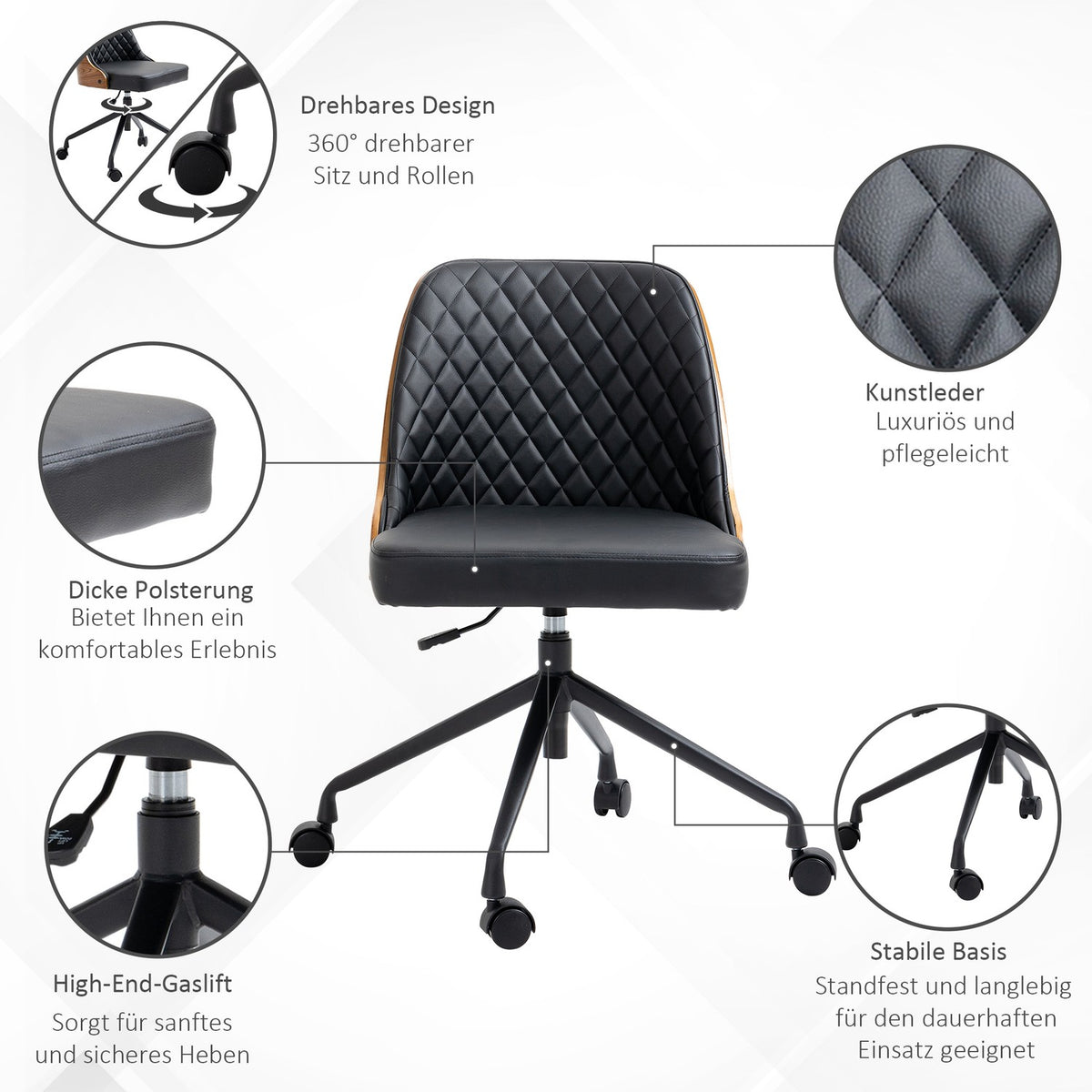 Office chair without armrest, ergonomic desk chair, height adjustable, swivel chair, black