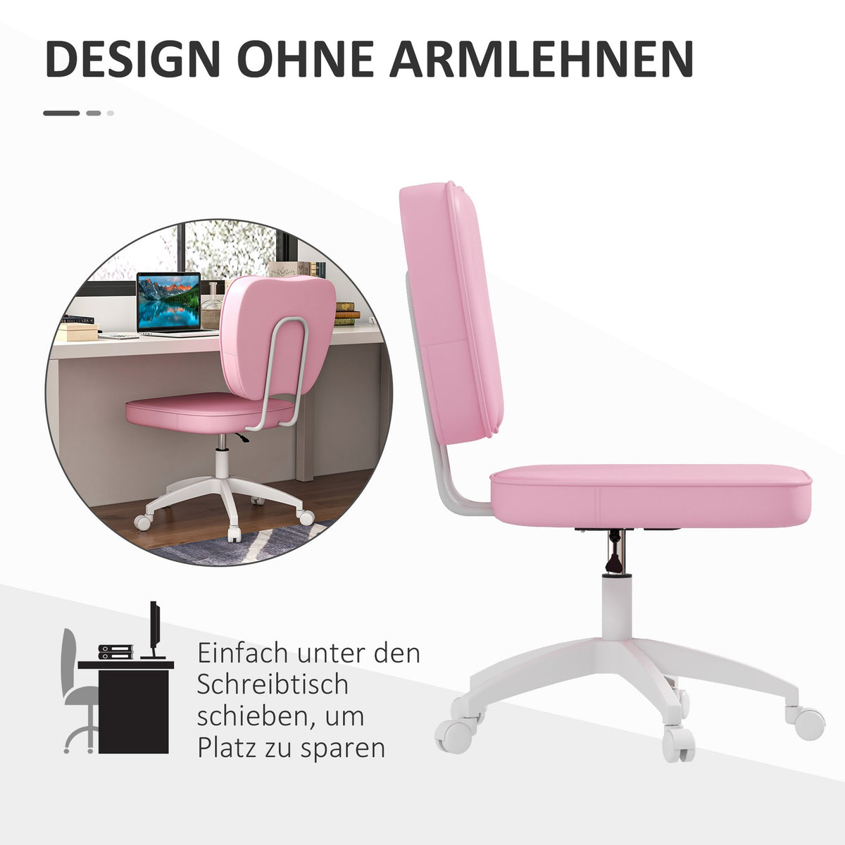 Office chair without armrests, 82-92H cm, children's swivel chair, height-adjustable, load capacity up to 120 kg, pink