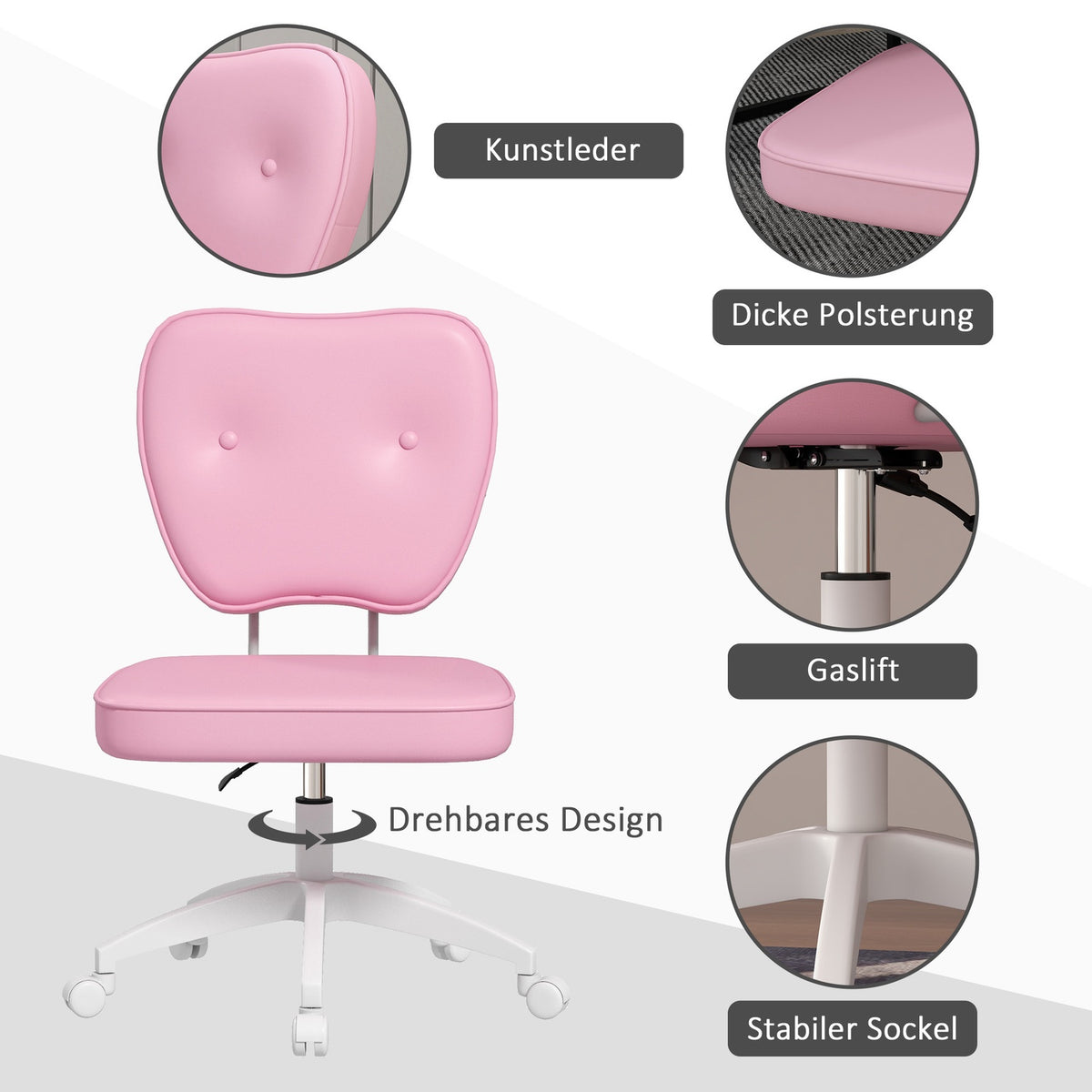 Office chair without armrests, 82-92H cm, children's swivel chair, height-adjustable, load capacity up to 120 kg, pink