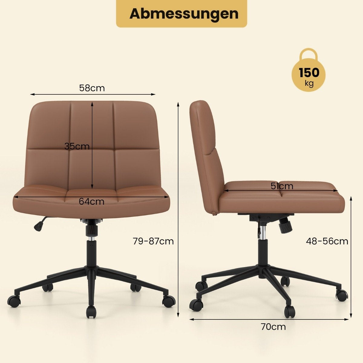 Office chair without armrests Desk chair with wide seat 360° rotating faux leather for home office Brown