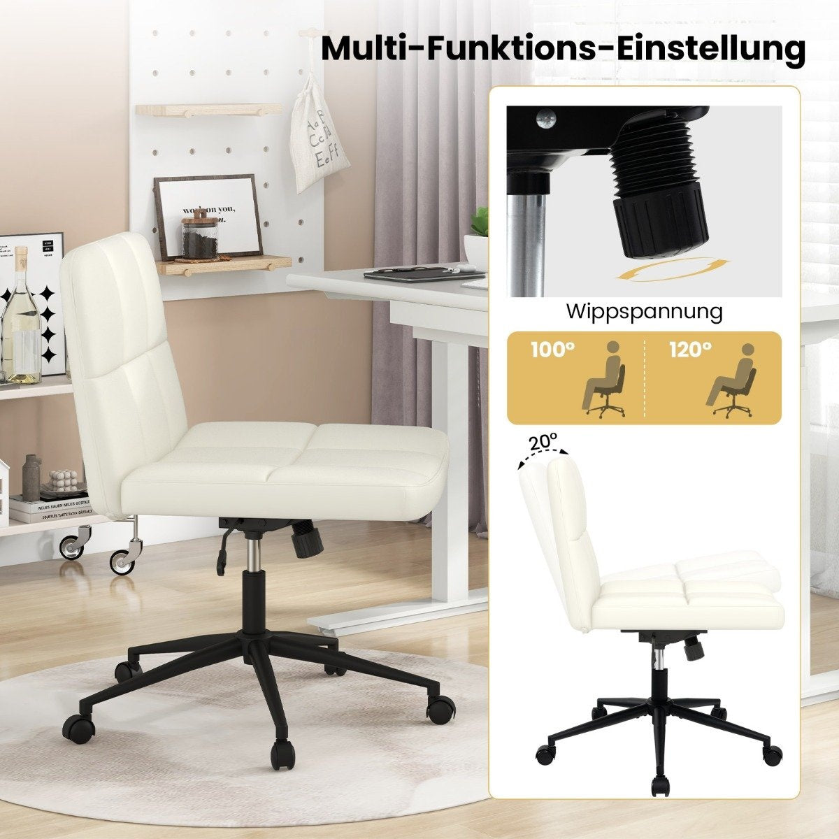 Office chair without armrests Desk chair with wide seat 360° rotating faux leather for home office beige