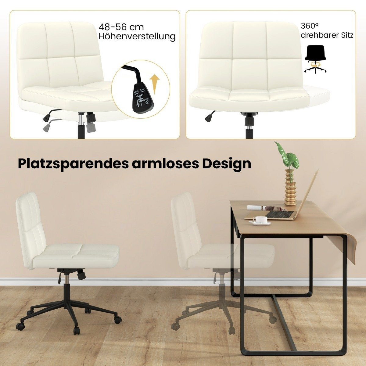 Office chair without armrests Desk chair with wide seat 360° rotating faux leather for home office beige