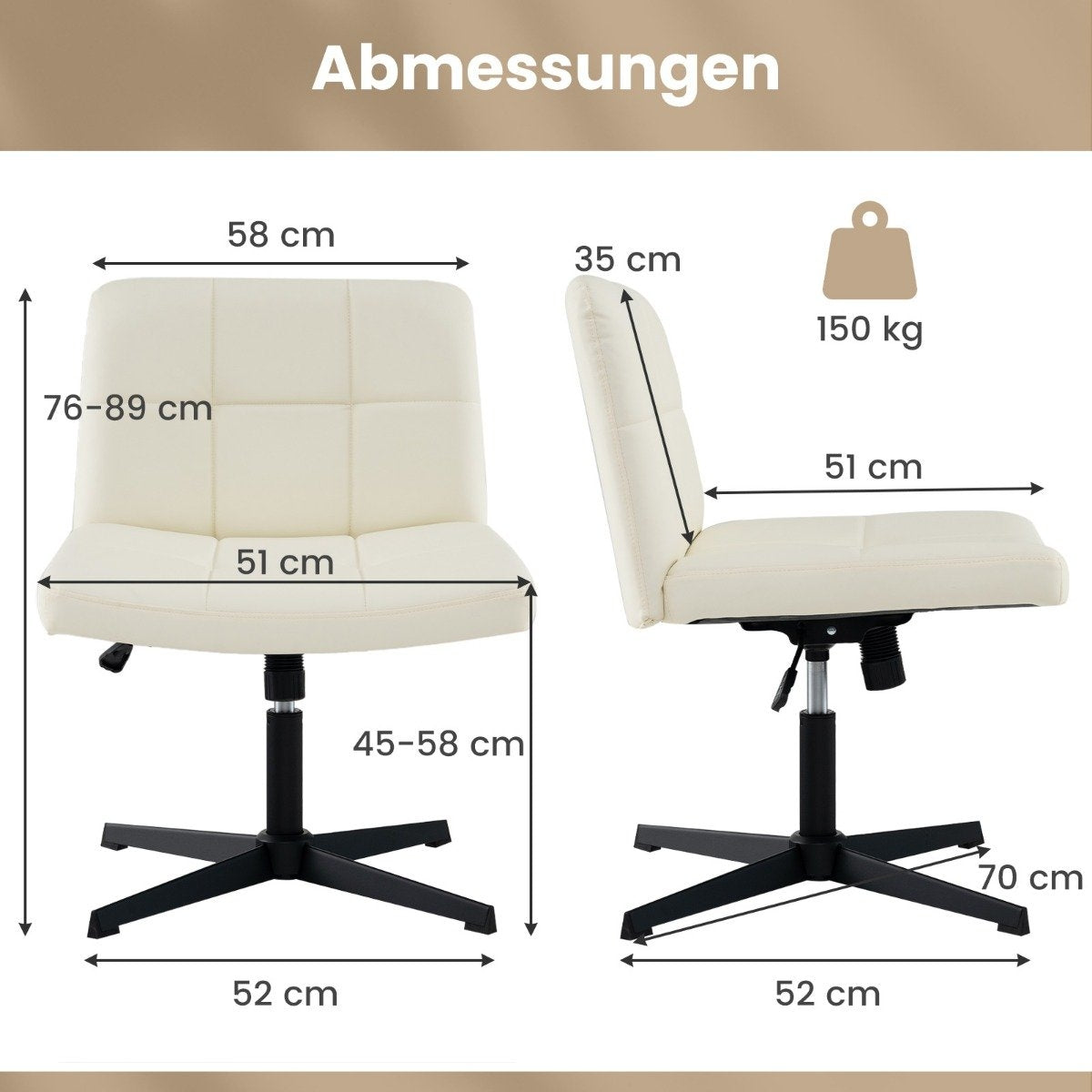 Office chair without armrests Desk chair with wide seat &amp; Rocker function faux leather for home office beige