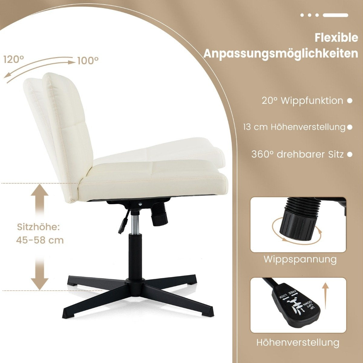Office chair without armrests Desk chair with wide seat &amp; Rocker function faux leather for home office beige