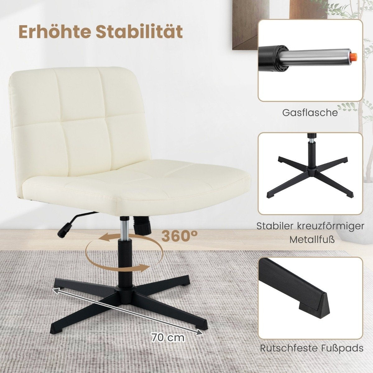 Office chair without armrests Desk chair with wide seat &amp; Rocker function faux leather for home office beige