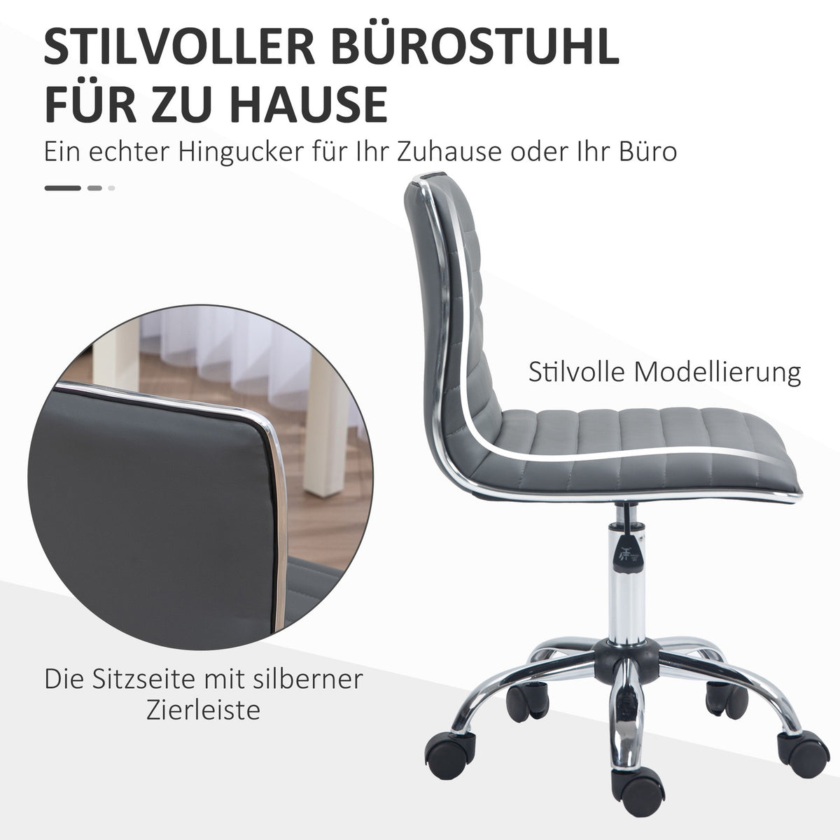 Office chair without armrests, height-adjustable swivel chair with wheels, desk chair can hold up to 120 kg, for study, office, dark gray