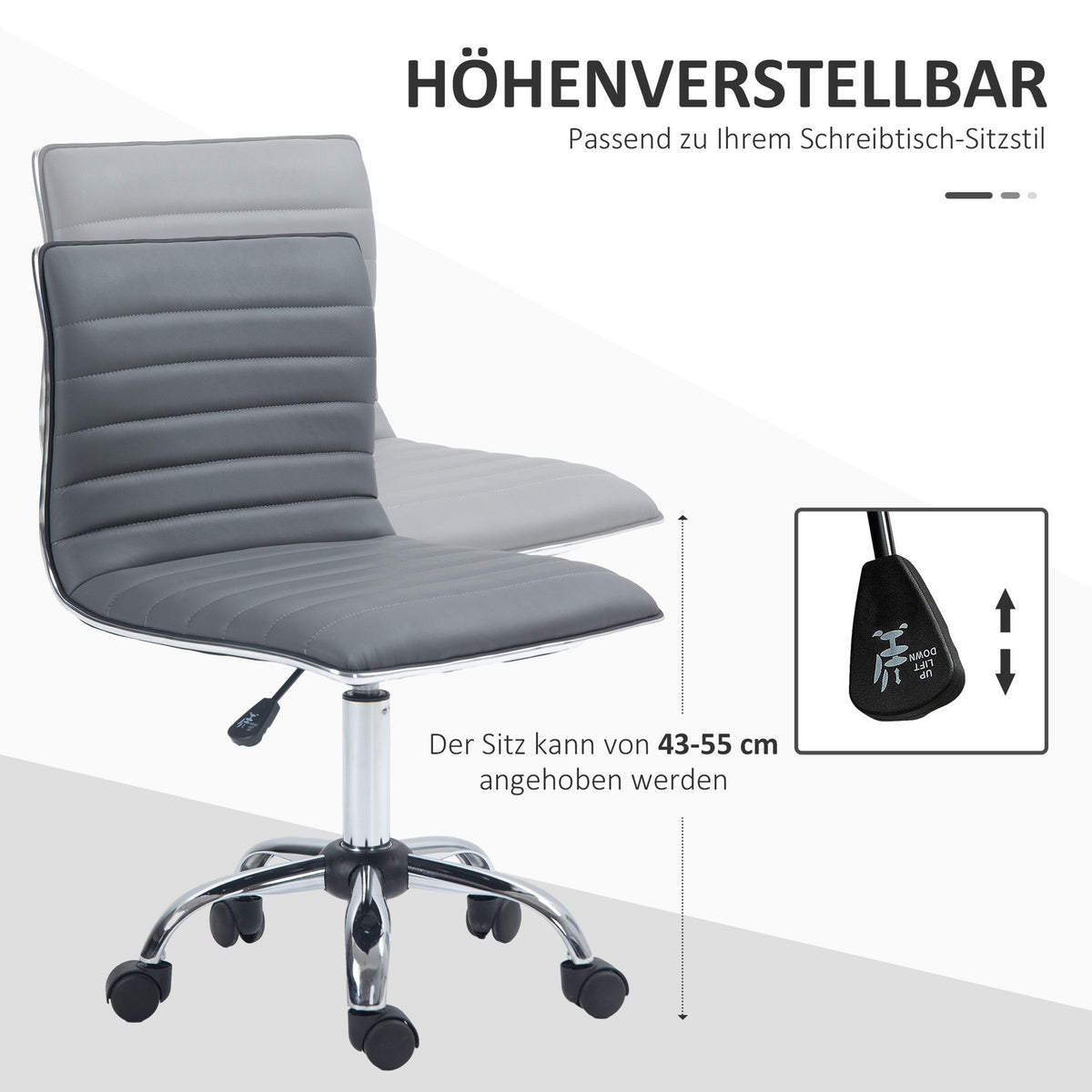 Office chair without armrests, height-adjustable swivel chair with wheels, desk chair can hold up to 120 kg, for study, office, dark gray