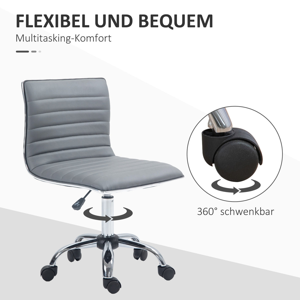 Office chair without armrests, height-adjustable swivel chair with wheels, desk chair can hold up to 120 kg, for study, office, light gray