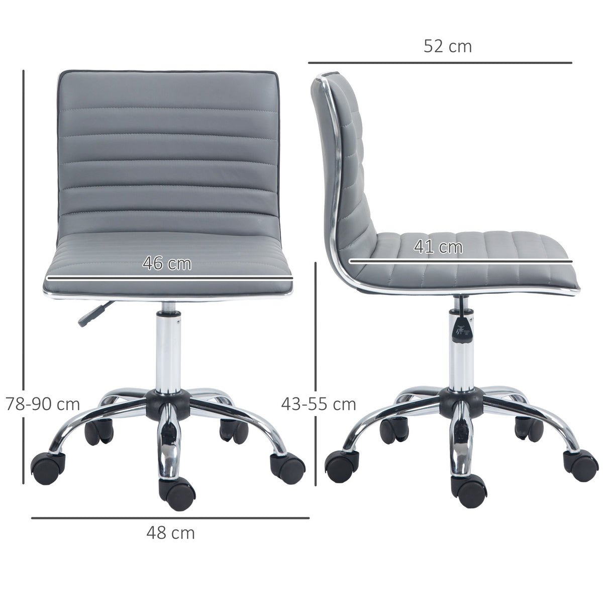 Office chair without armrests, height-adjustable swivel chair with wheels, desk chair can hold up to 120 kg, for study, office, light gray
