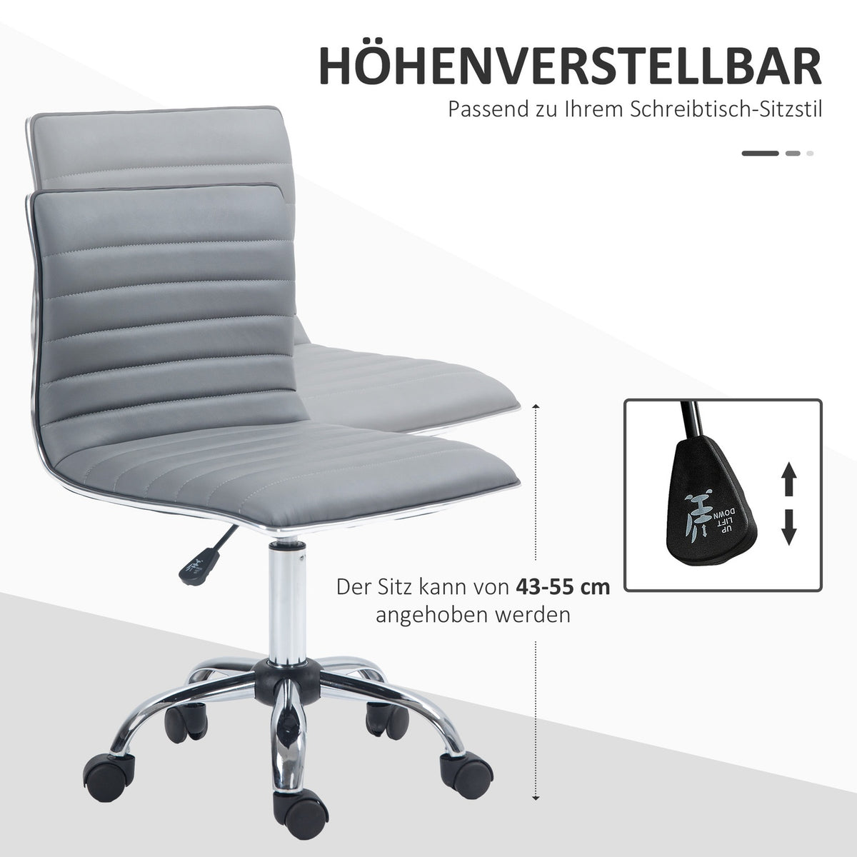Office chair without armrests, height-adjustable swivel chair with wheels, desk chair can hold up to 120 kg, for study, office, light gray