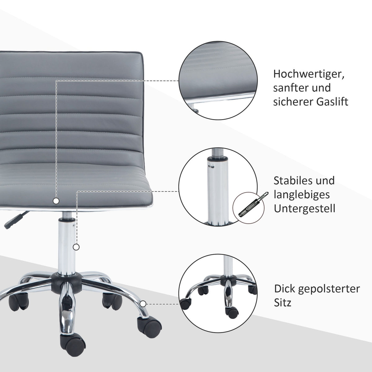 Office chair without armrests, height-adjustable swivel chair with wheels, desk chair can hold up to 120 kg, for study, office, light gray
