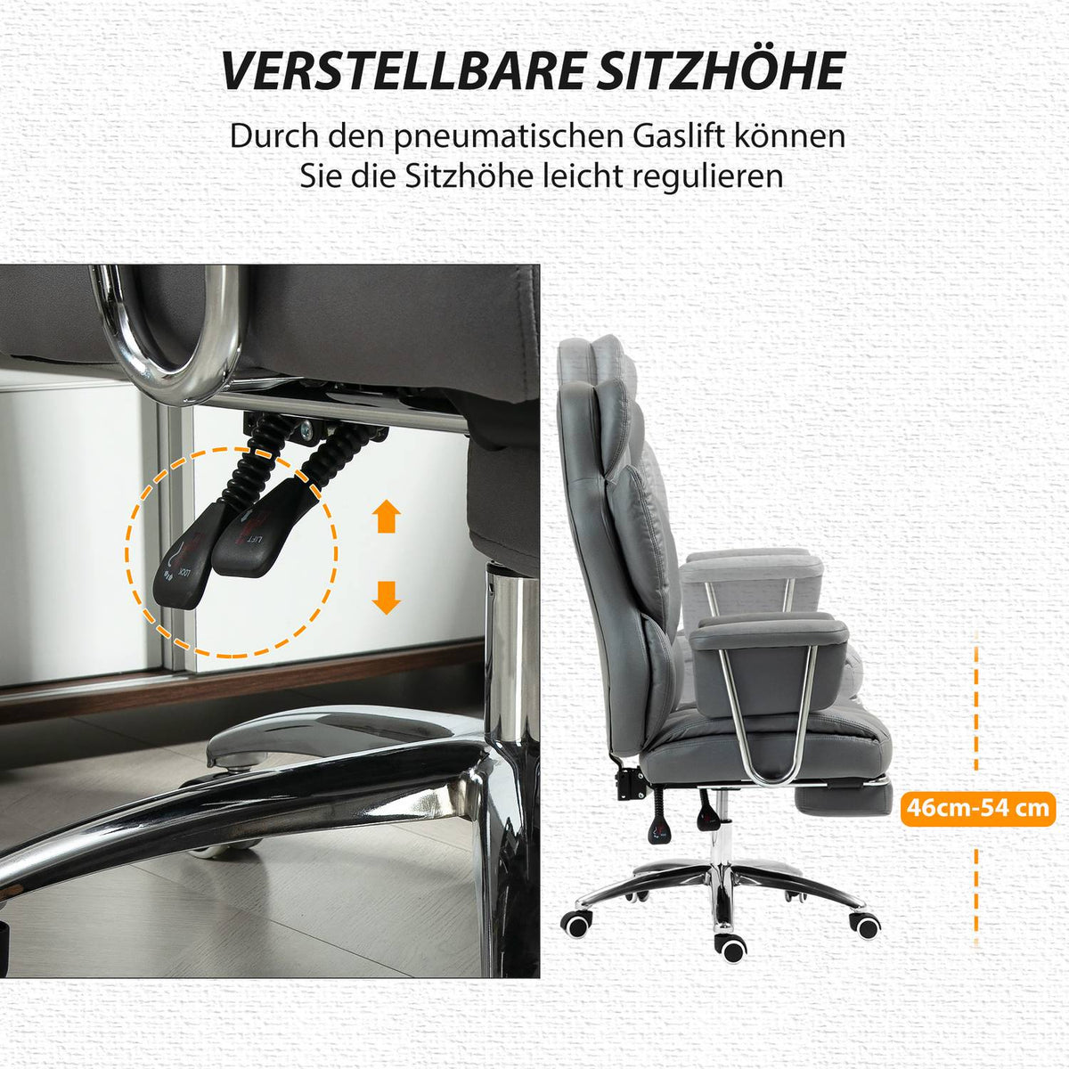 Office chair with reclining function, ergonomic desk chair, height-adjustable swivel chair with footrest, padded, can hold up to 120 kg, for office, study, dark gray