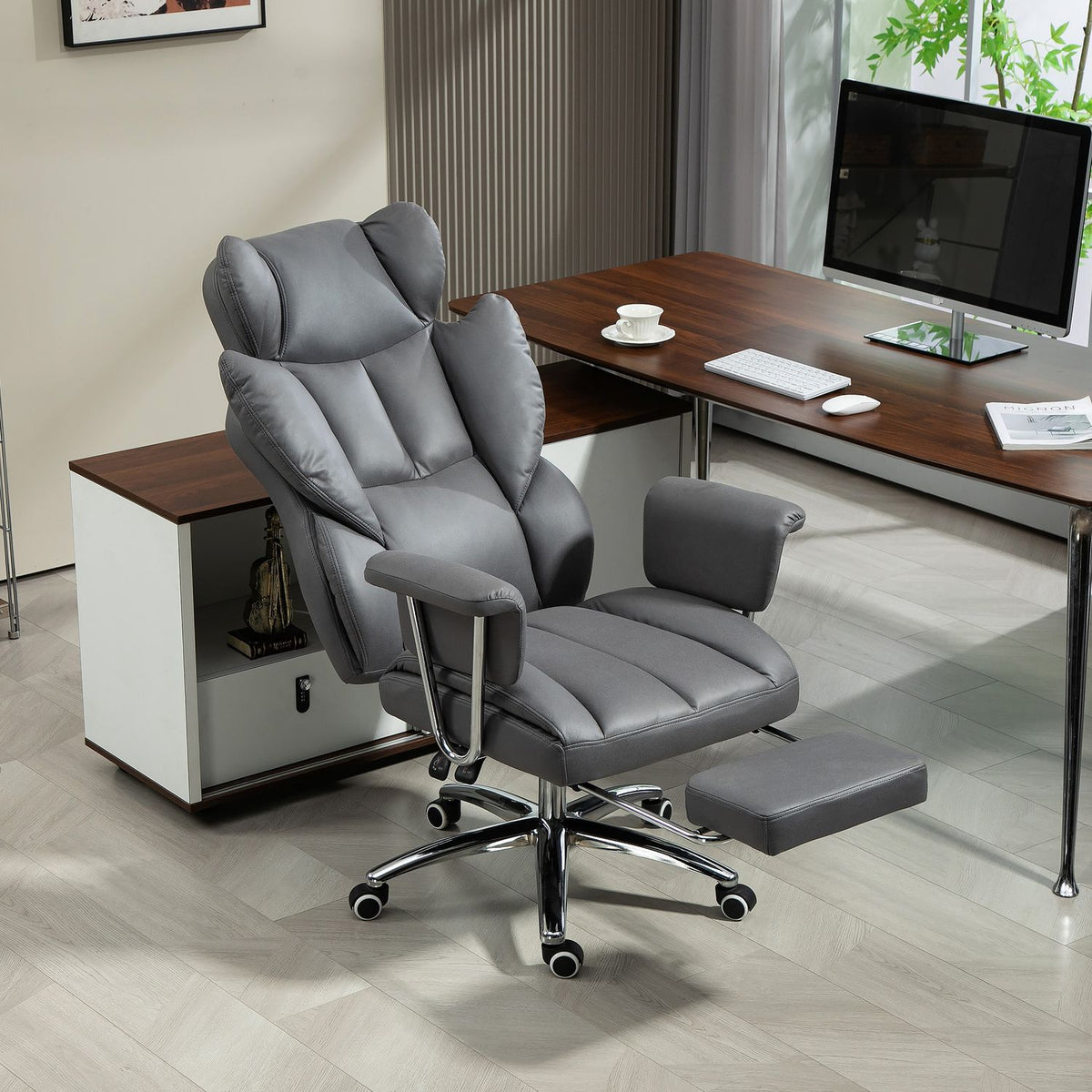 Office chair with reclining function, ergonomic desk chair, height-adjustable swivel chair with footrest, padded, can hold up to 120 kg, for office, study, dark gray