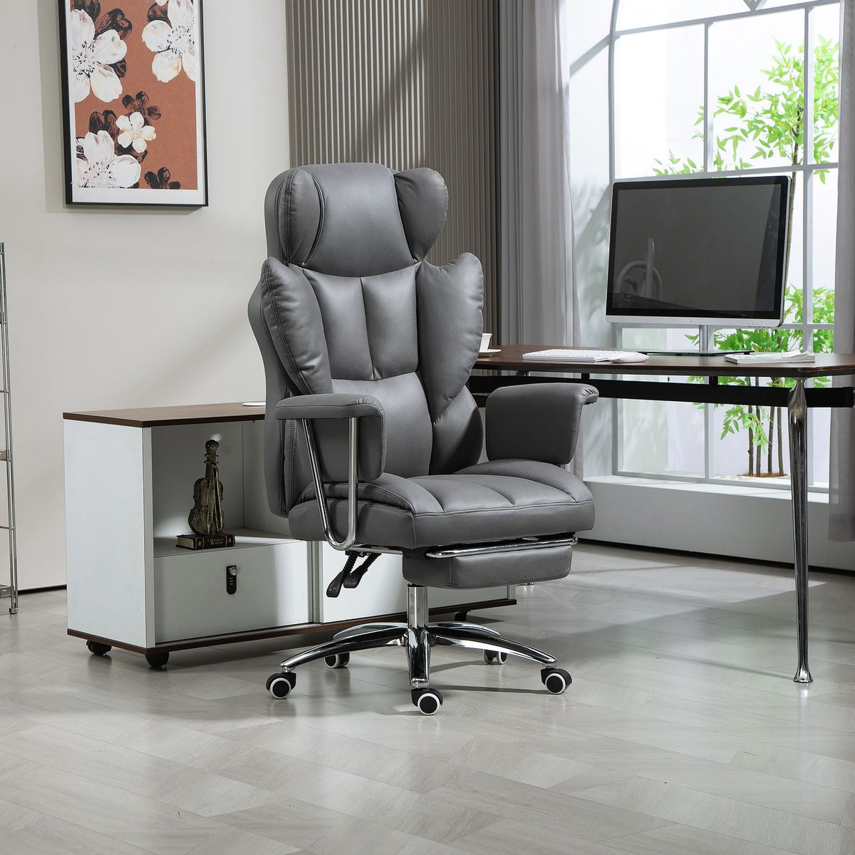 Office chair with reclining function, ergonomic desk chair, height-adjustable swivel chair with footrest, padded, can hold up to 120 kg, for office, study, dark gray