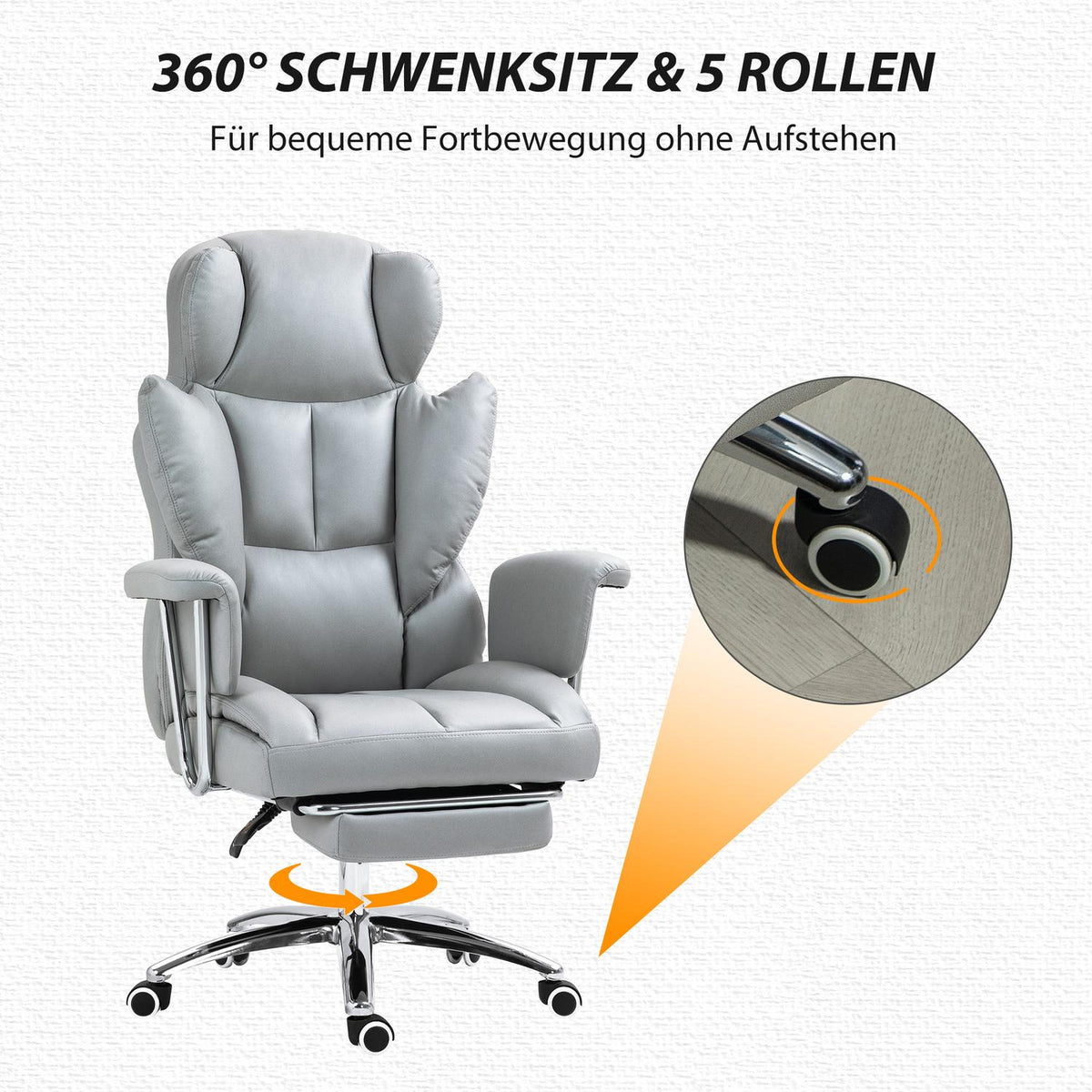 Office chair with reclining function, ergonomic desk chair, height-adjustable swivel chair with footrest, padded, can hold up to 120 kg, for office, study, light gray