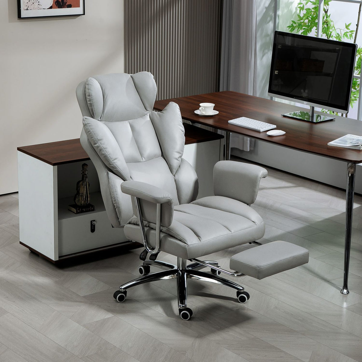 Office chair with reclining function, ergonomic desk chair, height-adjustable swivel chair with footrest, padded, can hold up to 120 kg, for office, study, light gray