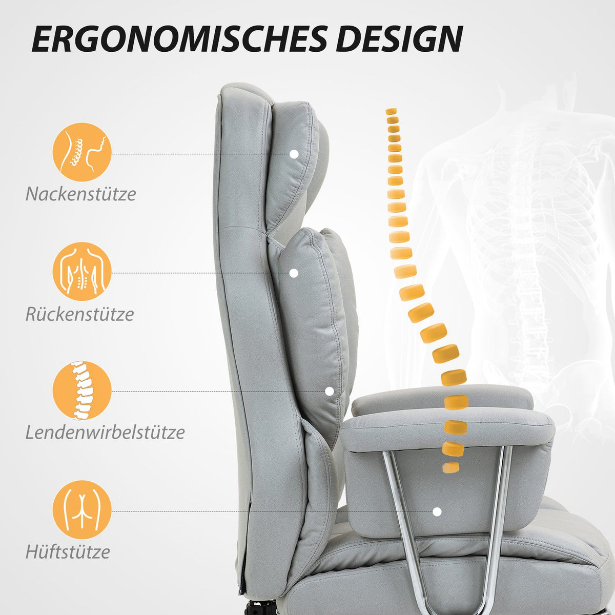 Office chair with reclining function, ergonomic desk chair, height-adjustable swivel chair with footrest, padded, can hold up to 120 kg, for office, study, light gray