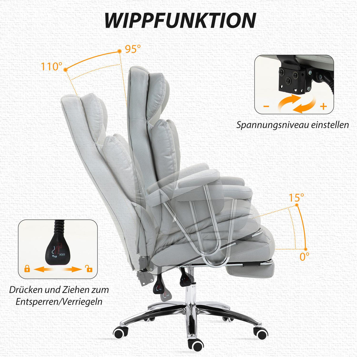 Office chair with reclining function, ergonomic desk chair, height-adjustable swivel chair with footrest, padded, can hold up to 120 kg, for office, study, light gray