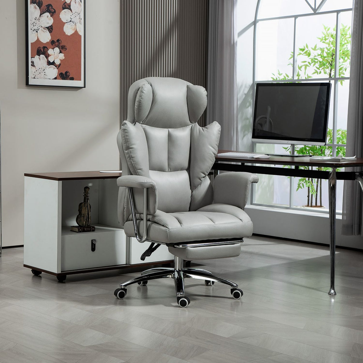 Office chair with reclining function, ergonomic desk chair, height-adjustable swivel chair with footrest, padded, can hold up to 120 kg, for office, study, light gray