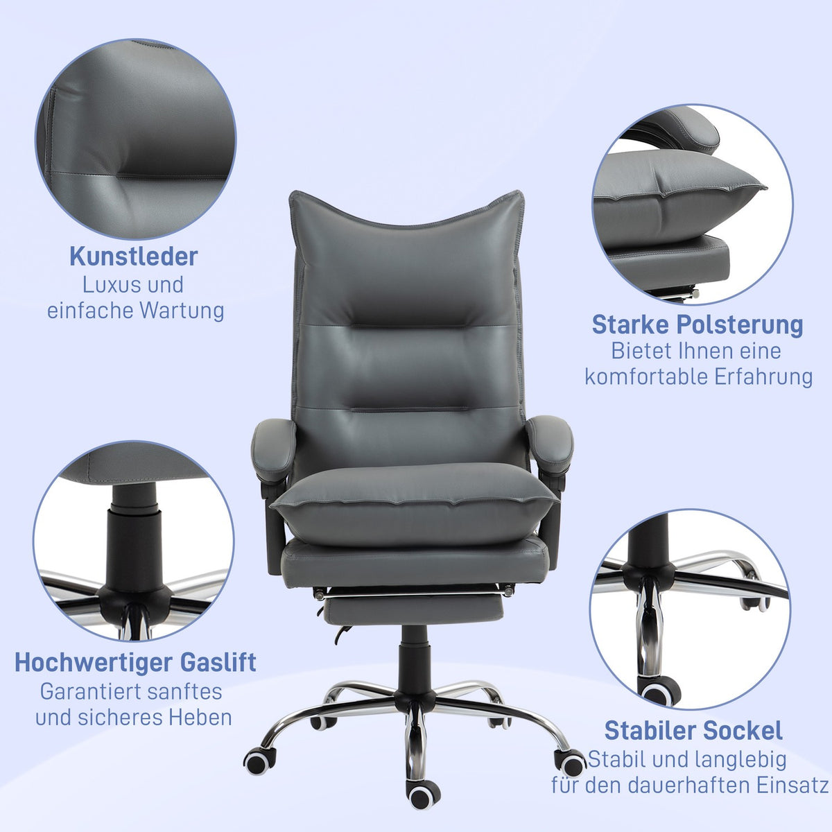 Office chair with reclining function, ergonomic desk chair, height-adjustable swivel chair with footrest, padded, can hold up to 135 kg, for office, study, dark gray
