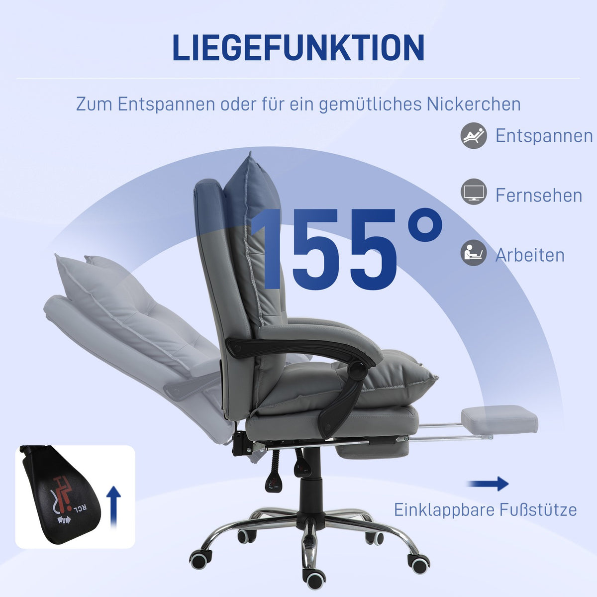 Office chair with reclining function, ergonomic desk chair, height-adjustable swivel chair with footrest, padded, can hold up to 135 kg, for office, study, dark gray