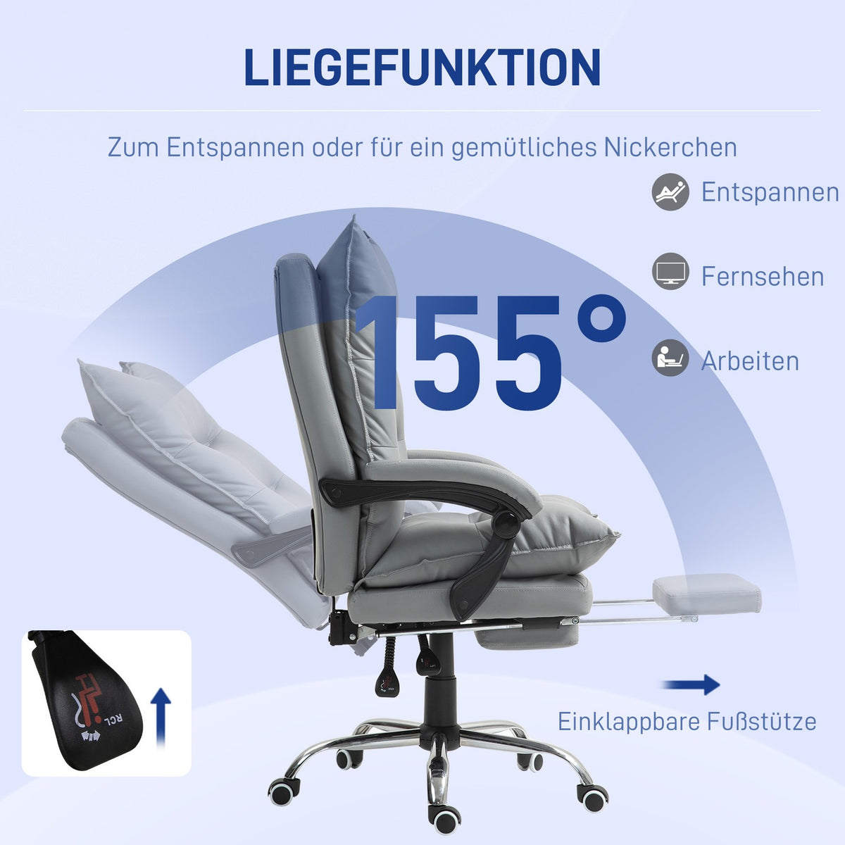 Office chair with reclining function, ergonomic desk chair, height-adjustable swivel chair with footrest, padded, can hold up to 135 kg, for office, study, light gray