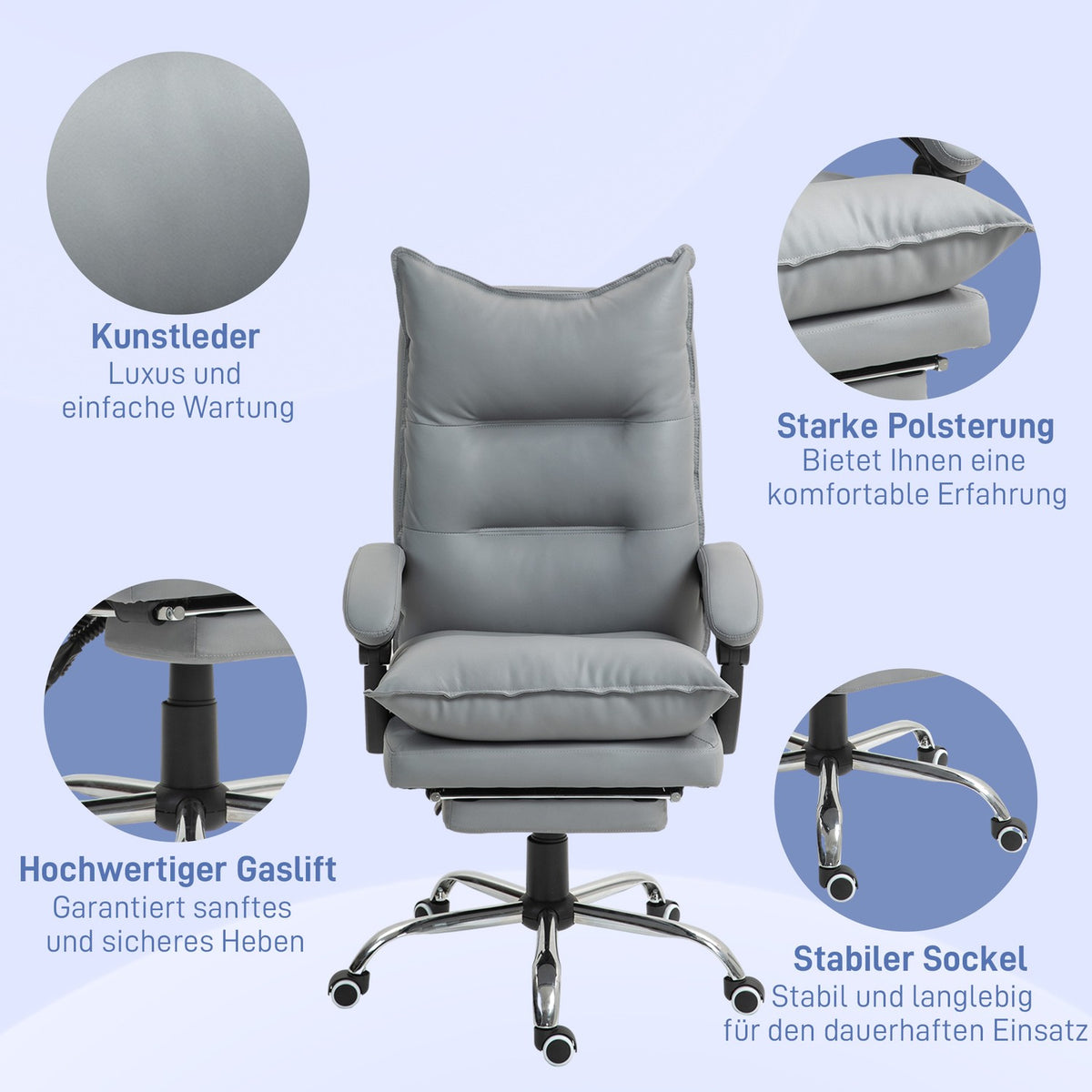 Office chair with reclining function, ergonomic desk chair, height-adjustable swivel chair with footrest, padded, can hold up to 135 kg, for office, study, light gray