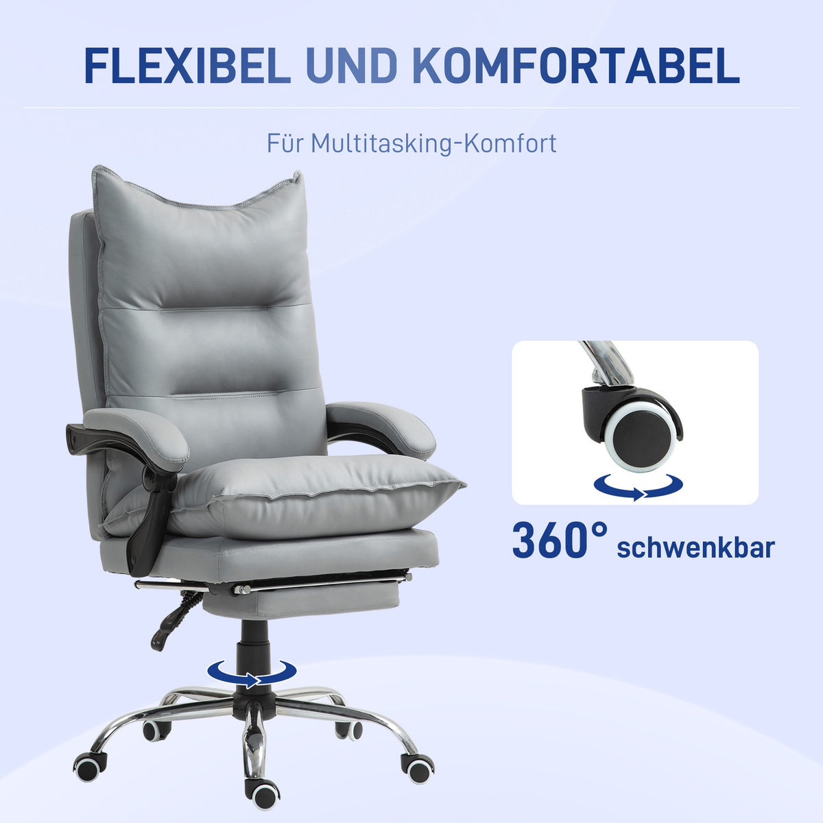 Office chair with reclining function, ergonomic desk chair, height-adjustable swivel chair with footrest, padded, can hold up to 135 kg, for office, study, light gray