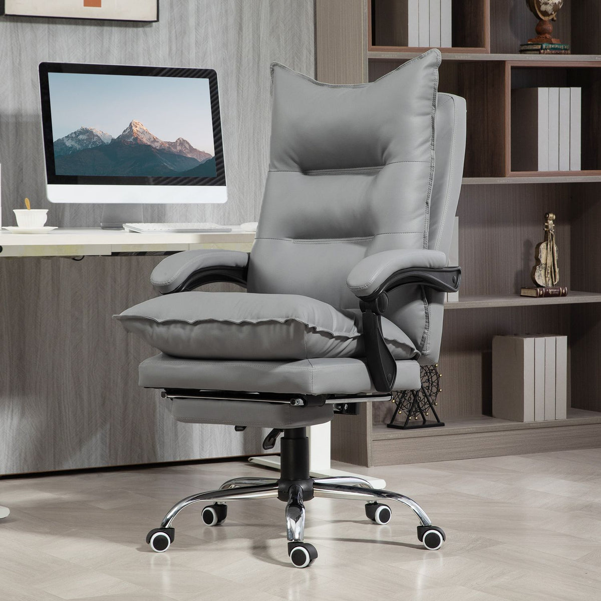 Office chair with reclining function, ergonomic desk chair, height-adjustable swivel chair with footrest, padded, can hold up to 135 kg, for office, study, light gray