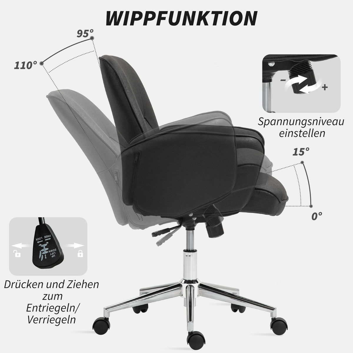 Office chair with rocker function, desk chair, height-adjustable swivel chair, ergonomic work chair, modern, can hold up to 120 kg, microfibre, black, 67 x 69 x 92-102 cm