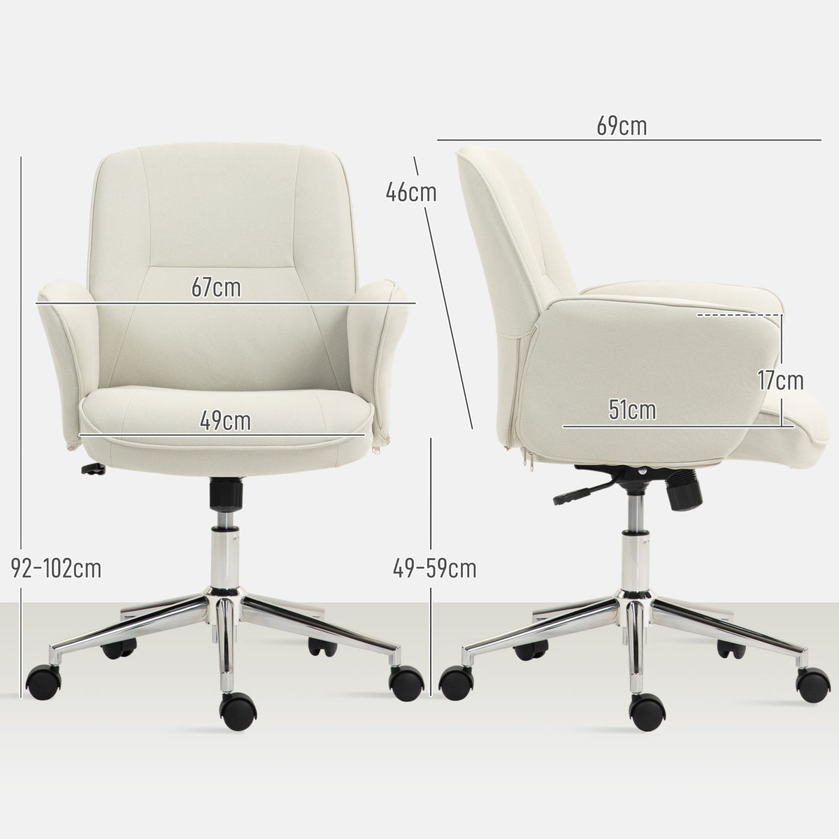Office chair with rocker function, desk chair, height-adjustable swivel chair, ergonomic work chair, modern, can hold up to 120 kg, microfibre, cream white, 67 x 69 x 92-102 cm