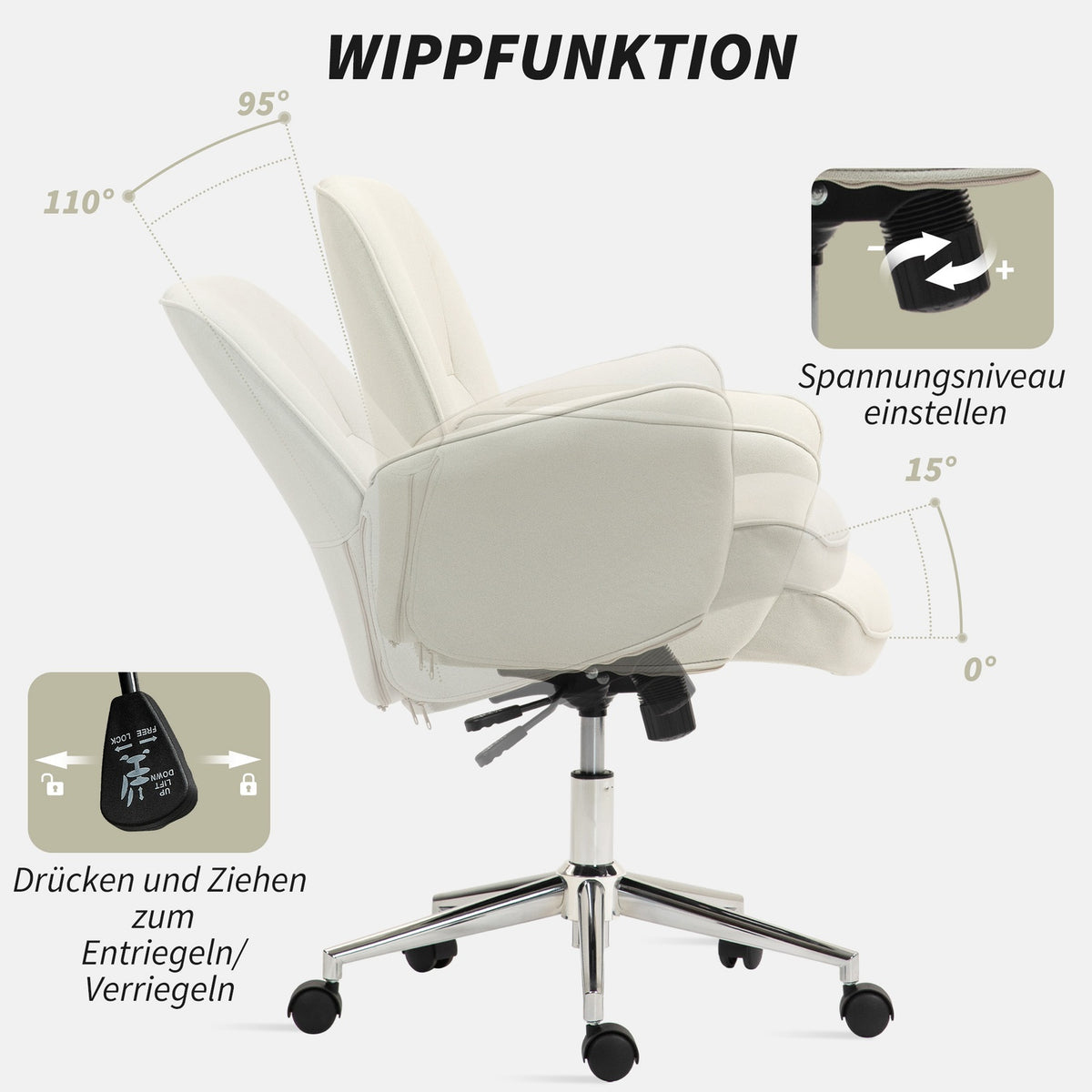 Office chair with rocker function, desk chair, height-adjustable swivel chair, ergonomic work chair, modern, can hold up to 120 kg, microfibre, cream white, 67 x 69 x 92-102 cm