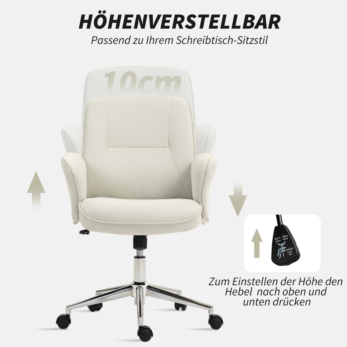 Office chair with rocker function, desk chair, height-adjustable swivel chair, ergonomic work chair, modern, can hold up to 120 kg, microfibre, cream white, 67 x 69 x 92-102 cm