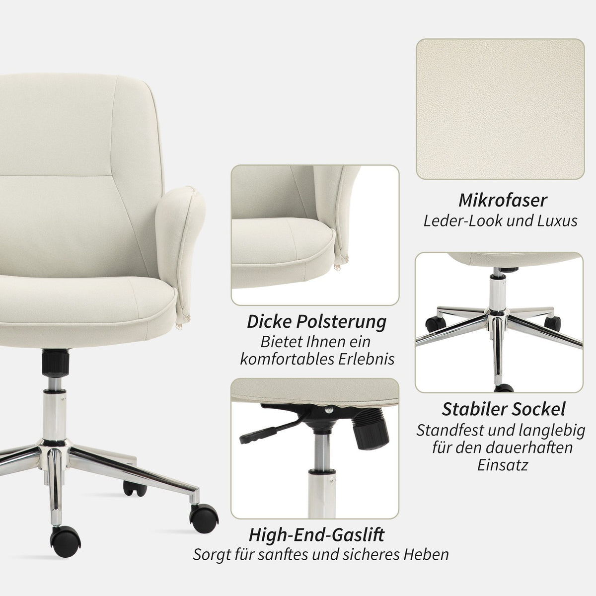 Office chair with rocker function, desk chair, height-adjustable swivel chair, ergonomic work chair, modern, can hold up to 120 kg, microfibre, cream white, 67 x 69 x 92-102 cm