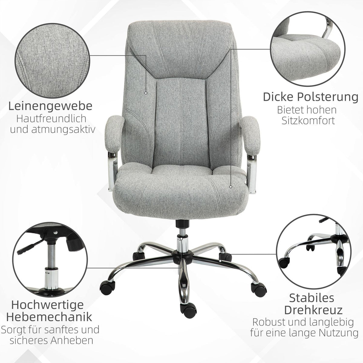 Office chair with rocker function, ergonomic chair with padded armrest, headrest, height-adjustable desk chair, swivel chair with backrest, nylon, light gray, 65 x 78 x 110-118 cm