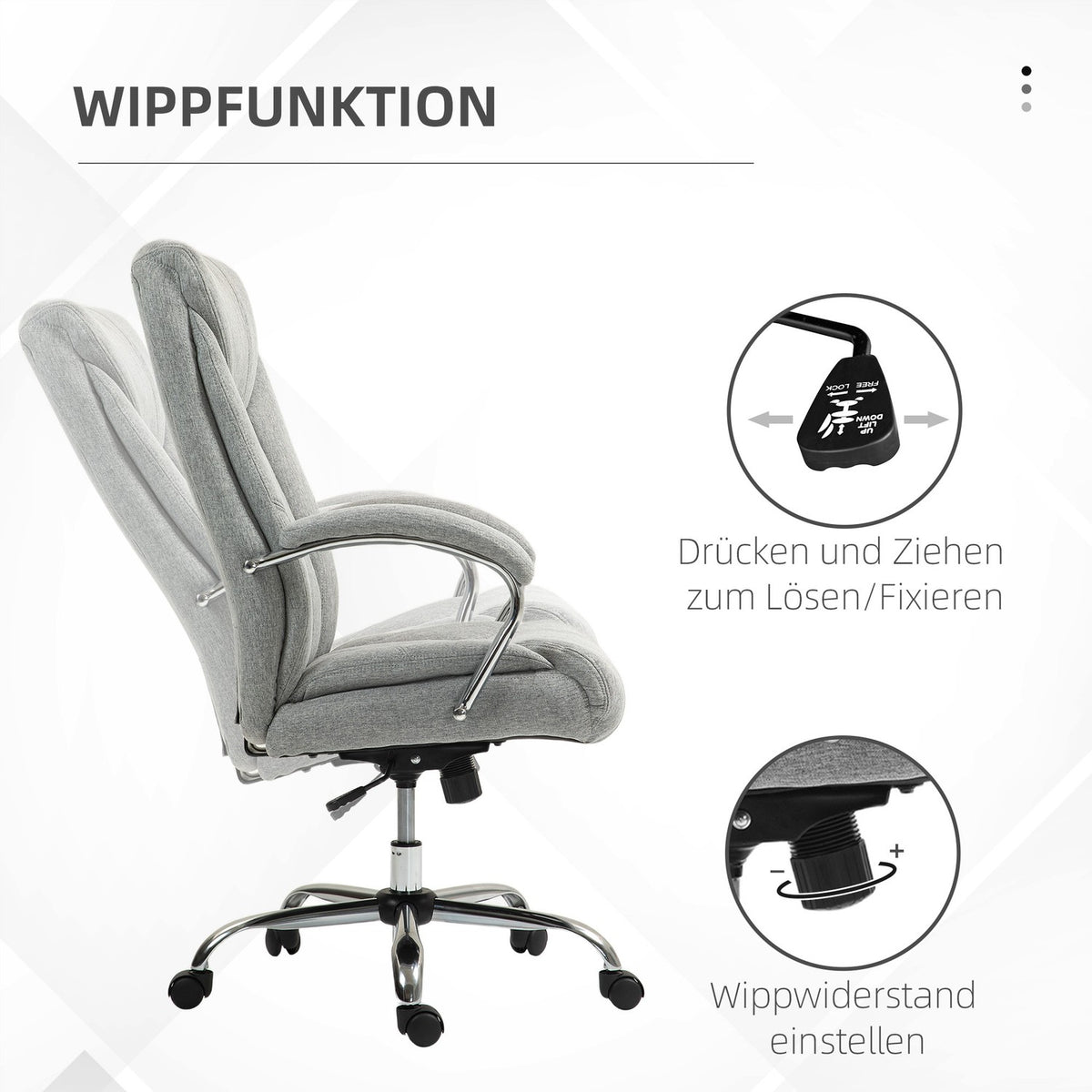 Office chair with rocker function, ergonomic chair with padded armrest, headrest, height-adjustable desk chair, swivel chair with backrest, nylon, light gray, 65 x 78 x 110-118 cm