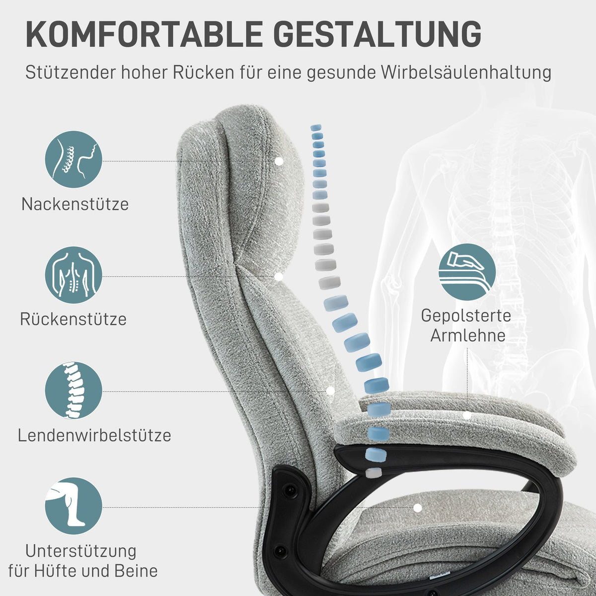 Office chair with rocker function, ergonomic desk chair, height-adjustable swivel chair, padded, can hold up to 120 kg, for office, study, light gray