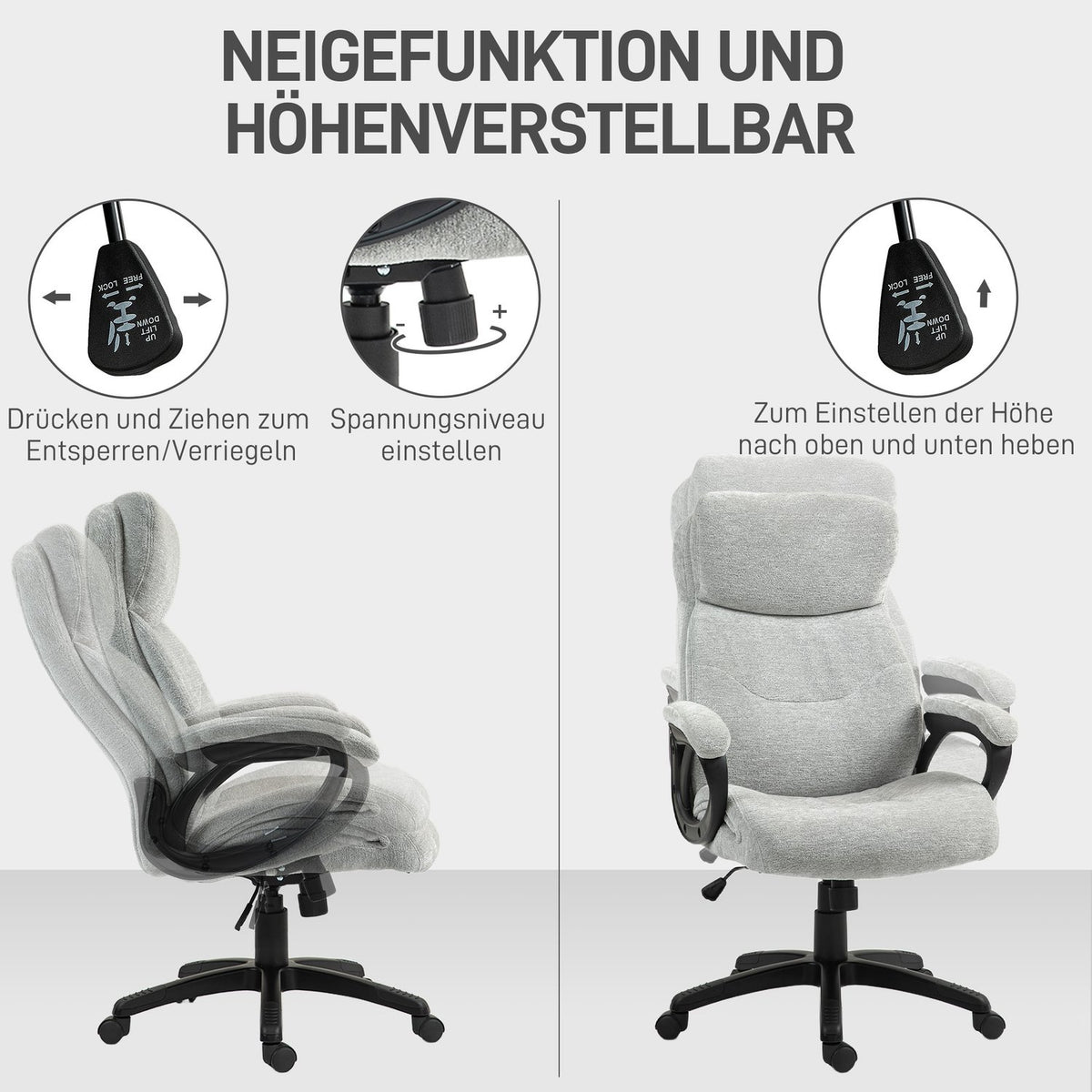 Office chair with rocker function, ergonomic desk chair, height-adjustable swivel chair, padded, can hold up to 120 kg, for office, study, light gray