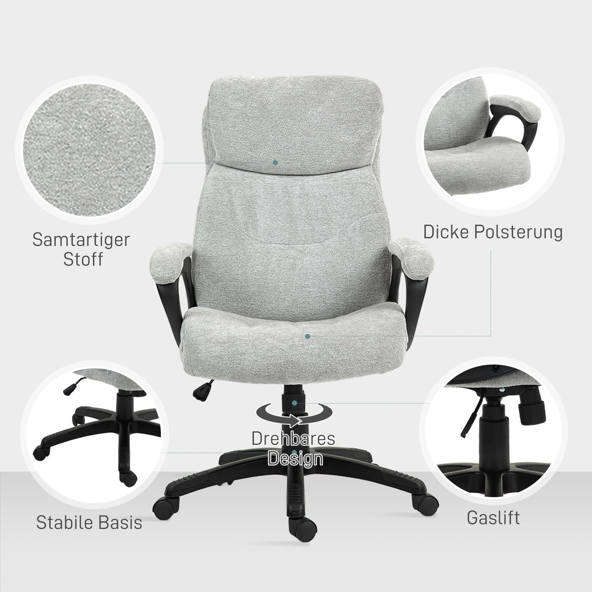 Office chair with rocker function, ergonomic desk chair, height-adjustable swivel chair, padded, can hold up to 120 kg, for office, study, light gray