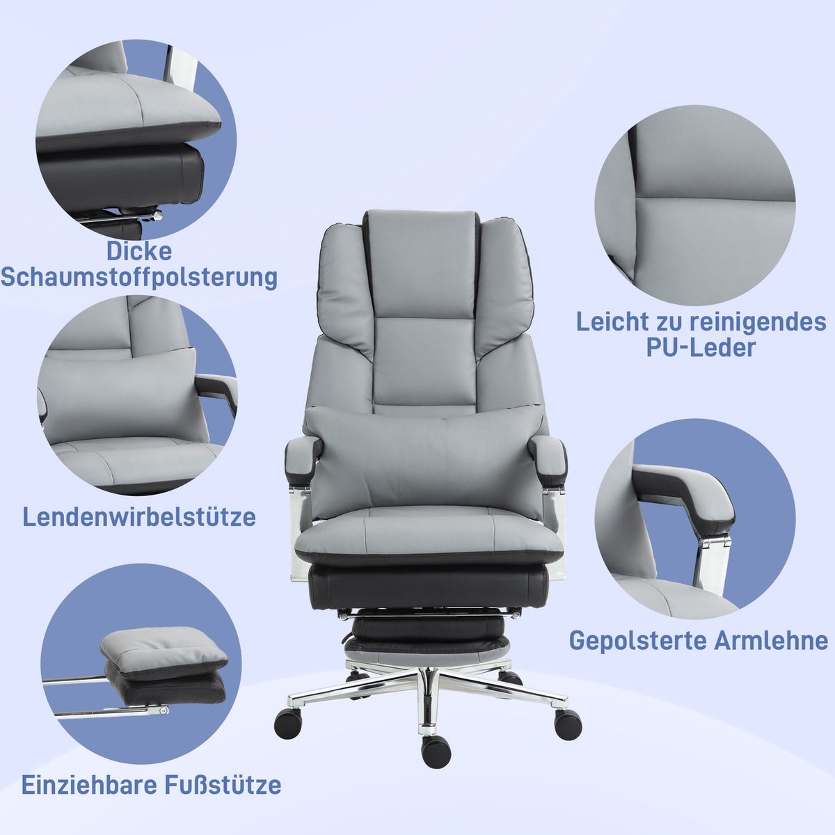 Office chair with rocker function, load capacity 120 kg, ergonomic, 160° tilting backrest, imitation leather, 63W x 71D x 123-129H cm, light gray