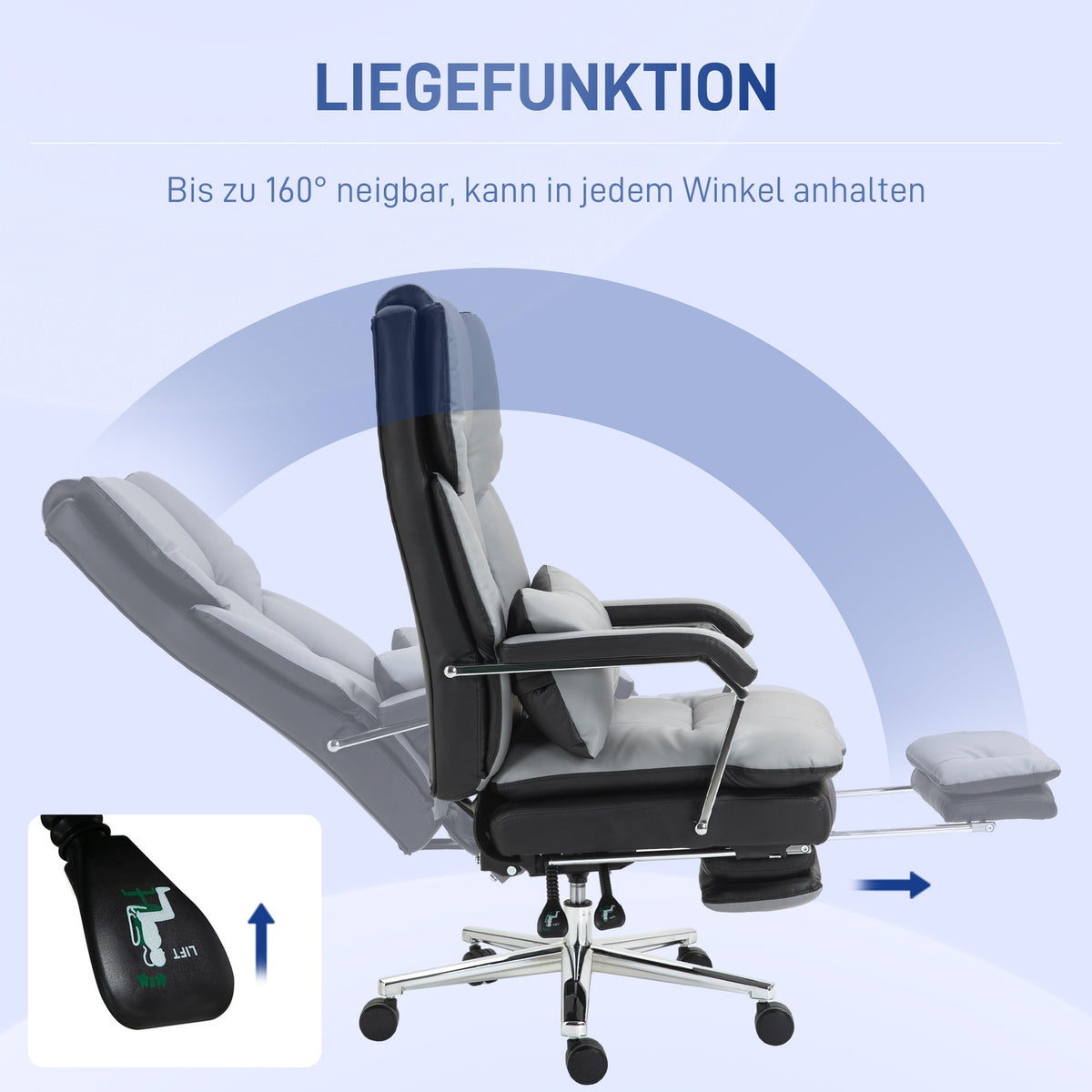 Office chair with rocker function, load capacity 120 kg, ergonomic, 160° tilting backrest, imitation leather, 63W x 71D x 123-129H cm, light gray