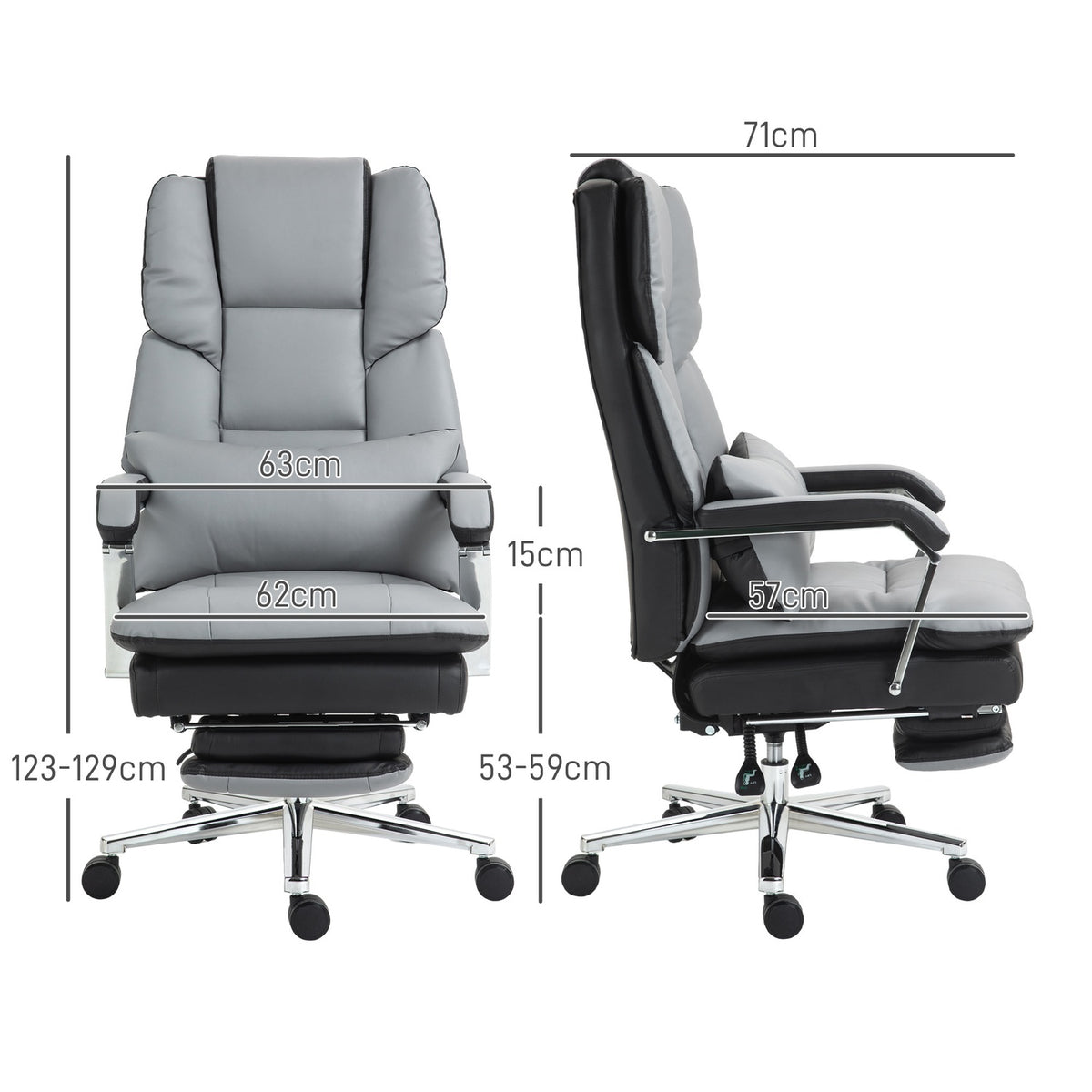 Office chair with rocker function, load capacity 120 kg, ergonomic, 160° tilting backrest, imitation leather, 63W x 71D x 123-129H cm, light gray