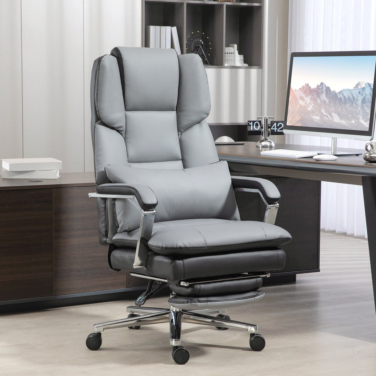 Office chair with rocker function, load capacity 120 kg, ergonomic, 160° tilting backrest, imitation leather, 63W x 71D x 123-129H cm, light gray