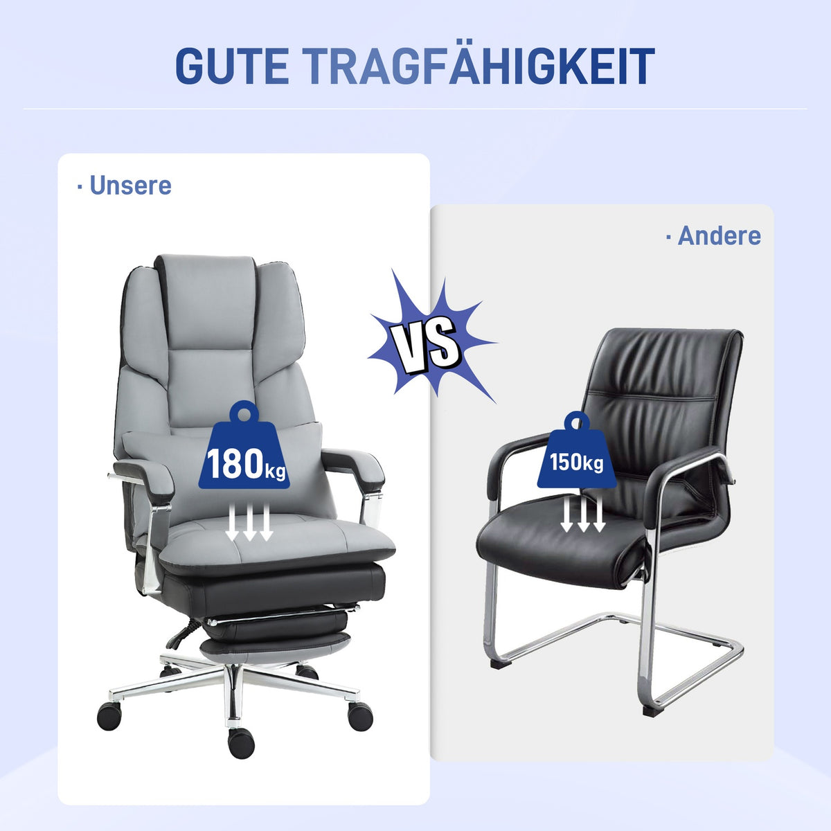 Office chair with rocker function, load capacity 120 kg, ergonomic, 160° tilting backrest, imitation leather, 63W x 71D x 123-129H cm, light gray