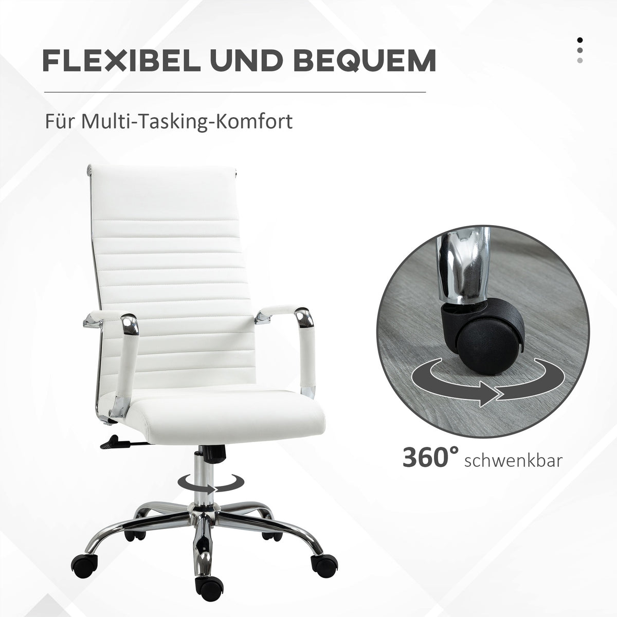 Office chair with rocker function, steel feet, ergonomic, 360° swivel wheels, imitation leather, load capacity 120 kg, 54 x 62 x 104-114 cm, white
