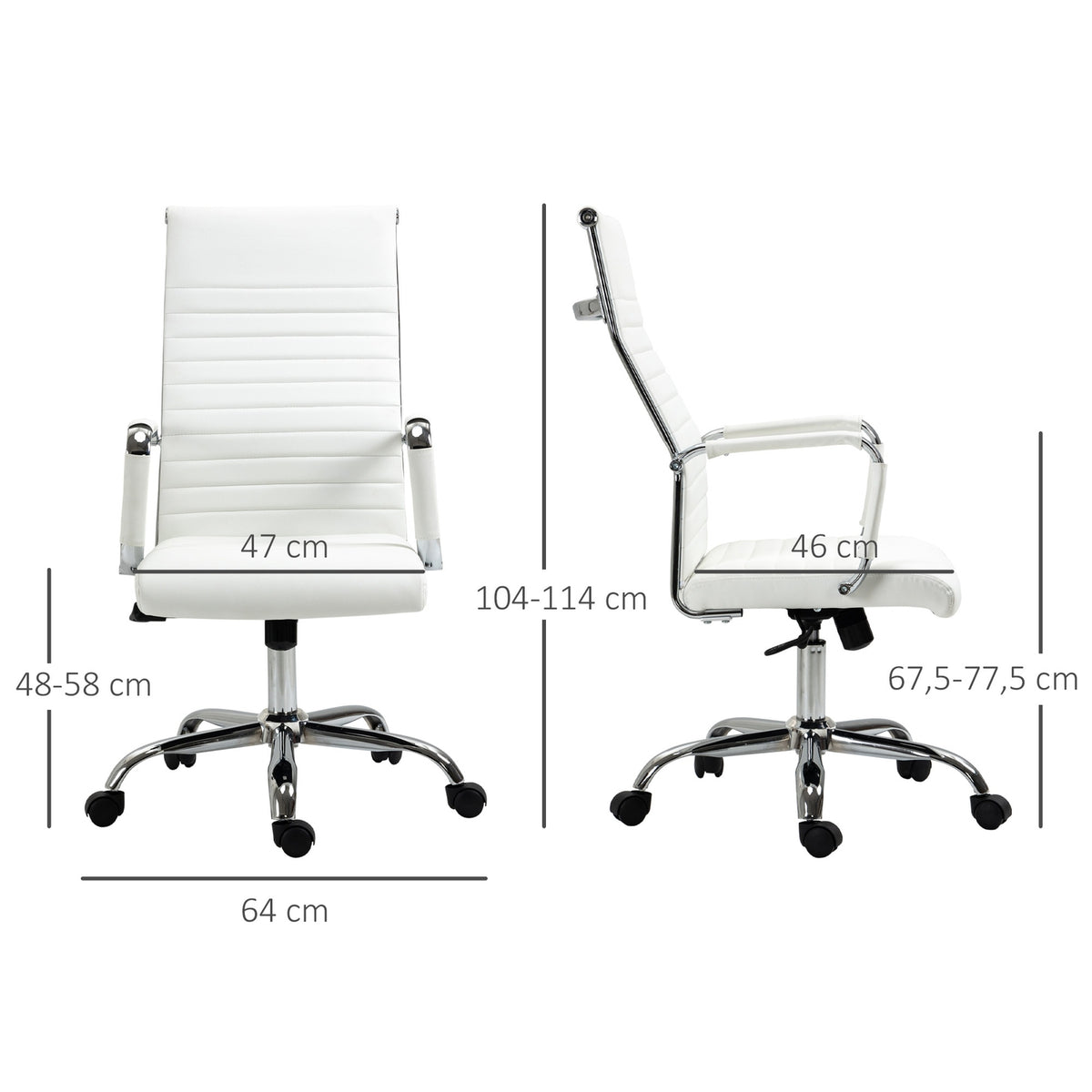 Office chair with rocker function, steel feet, ergonomic, 360° swivel wheels, imitation leather, load capacity 120 kg, 54 x 62 x 104-114 cm, white