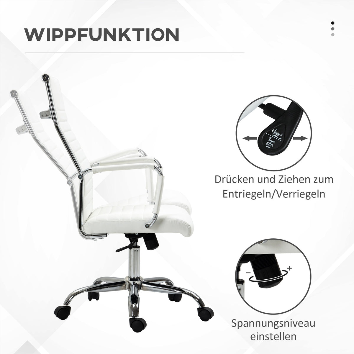 Office chair with rocker function, steel feet, ergonomic, 360° swivel wheels, imitation leather, load capacity 120 kg, 54 x 62 x 104-114 cm, white