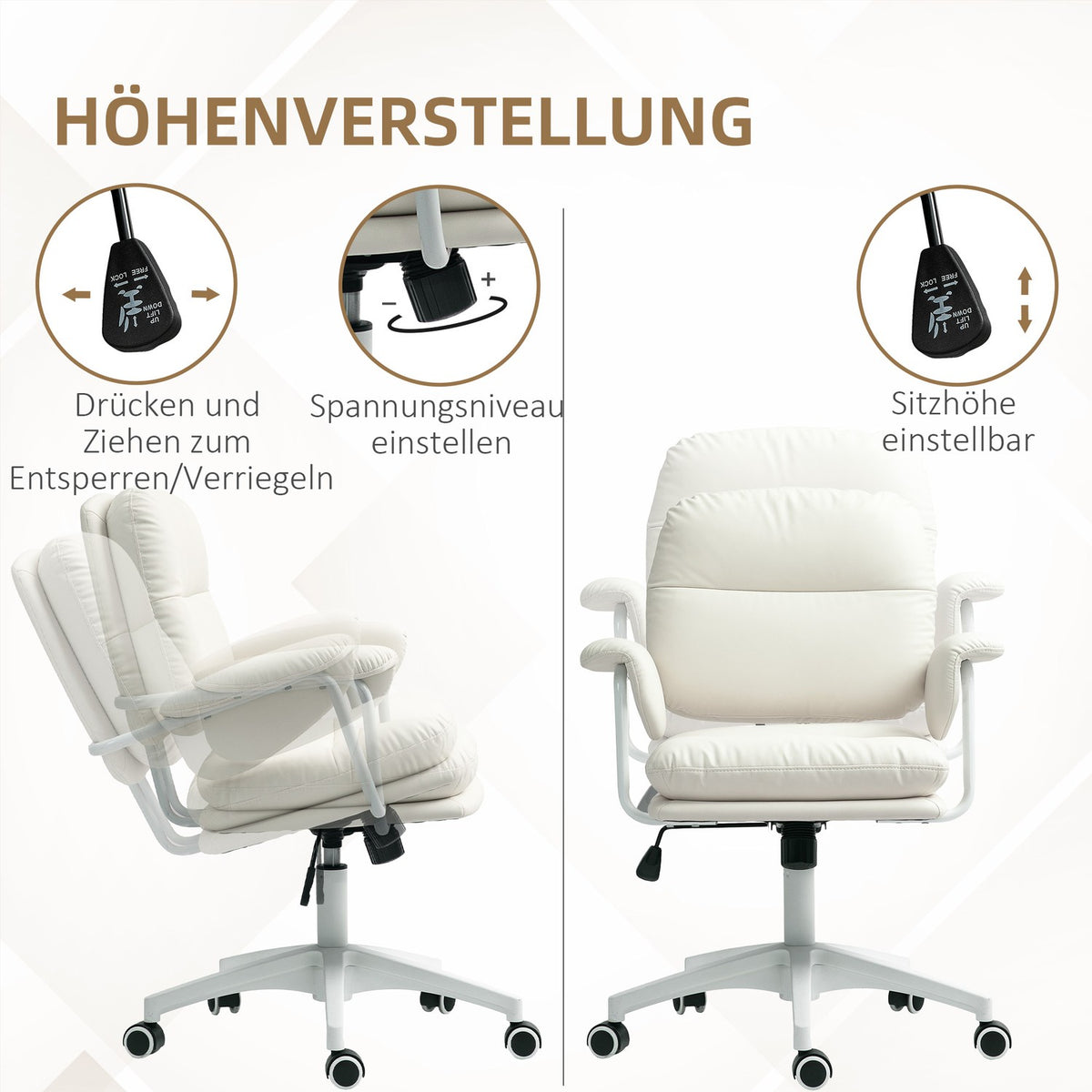 Office chair with tilt function, padded desk chair, height-adjustable swivel chair with footrest, load capacity up to 120 kg, faux leather, for office, study, white