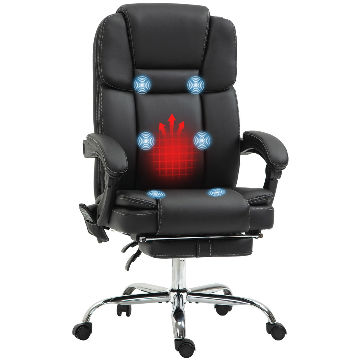 Office chair with vibration massage, ergonomic desk chair with heating, reclining function, height-adjustable executive chair with footrest, side pocket, faux leather, black